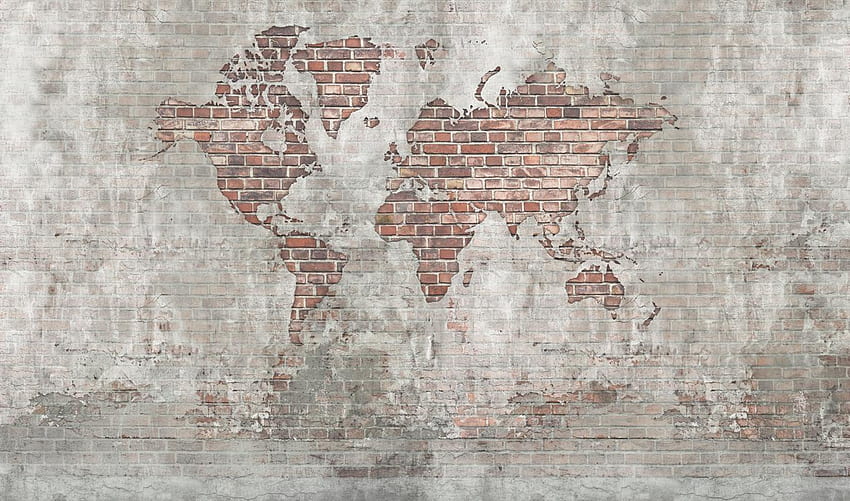 レンガの壁の世界地図 - 高品質 [Mr Perswall] [サンプル]、灰色の世界地図 高画質の壁紙