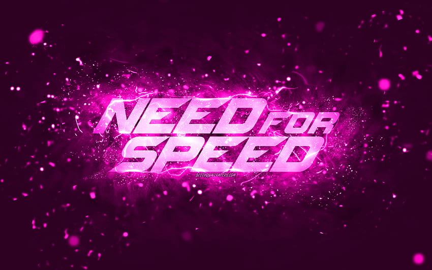 Need for Speed ​​fioletowe logo, NFS, fioletowe neony, kreatywne, fioletowe abstrakcyjne tło, logo Need for Speed, logo NFS, Need for Speed Tapeta HD