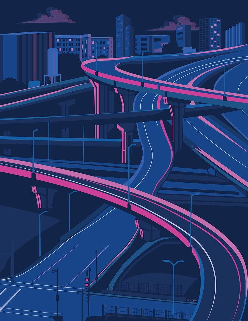 Roads and bridge, city, digital art HD phone wallpaper