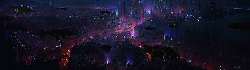 Cyberpunk, Stadt, Nacht, Landschaft, Sci-Fi, , Cyberpunk Dual Monitor, 3840x1080 Stadt HD-Hintergrundbild