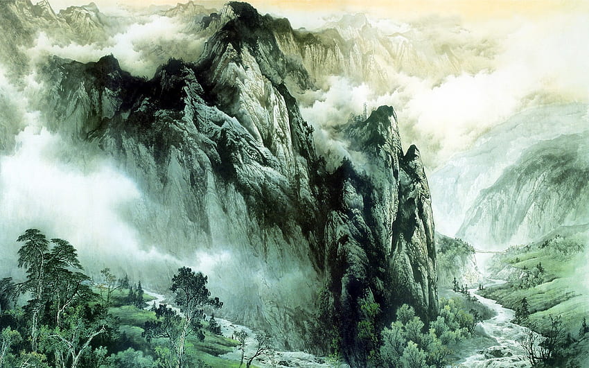 Sztuka chińska, chińskie malarstwo górskie Tapeta HD