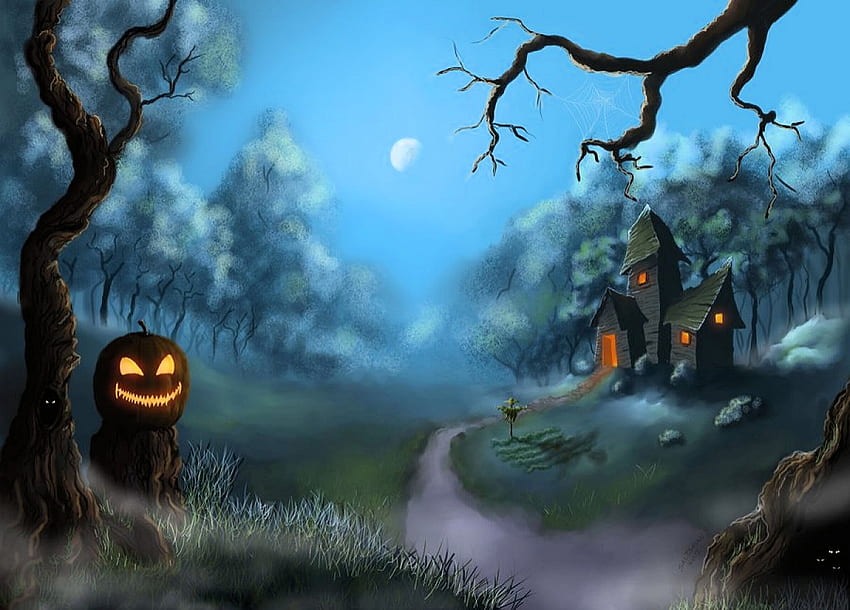 Jack o'Lantern, Nacht, Halloween, Kunst, Haus, Lichter, Bäume, Kürbis HD-Hintergrundbild