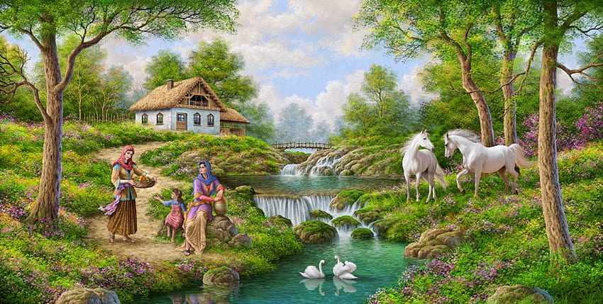 Idyllic country side scene, frumusete, horse, art, abolfazl mirzabeygi, cal, girl, painting, pictura, swan, idyllic, water HD wallpaper