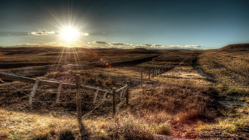 sunrise on the prairie r, prairie, fence, grass, sunrise, sun rays HD wallpaper