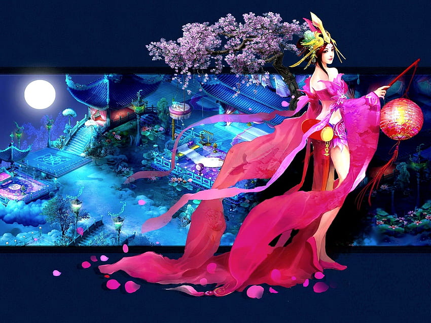 ORIENTAL PRINCESS, moonlight, art, lantern, princess, oriental HD wallpaper