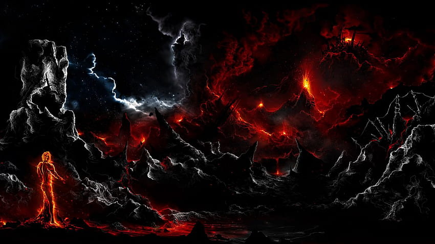 Alberto vangelista rock man fire dark art lava clouds ., Black Lava HD wallpaper