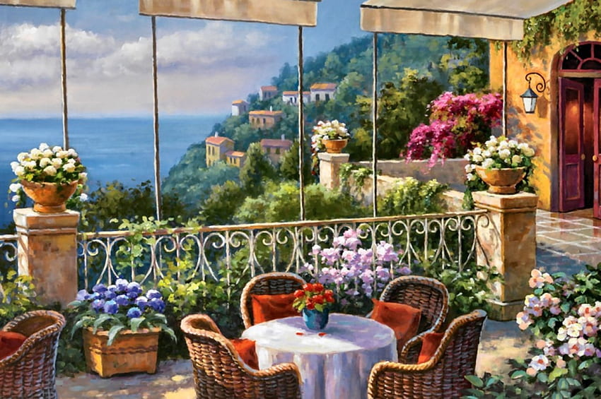 Terrace Cafe F1, architecture, art, landscape, beautiful, artwork, scenery, wide screen, cafe, patio, painting, veranda, terrace HD wallpaper