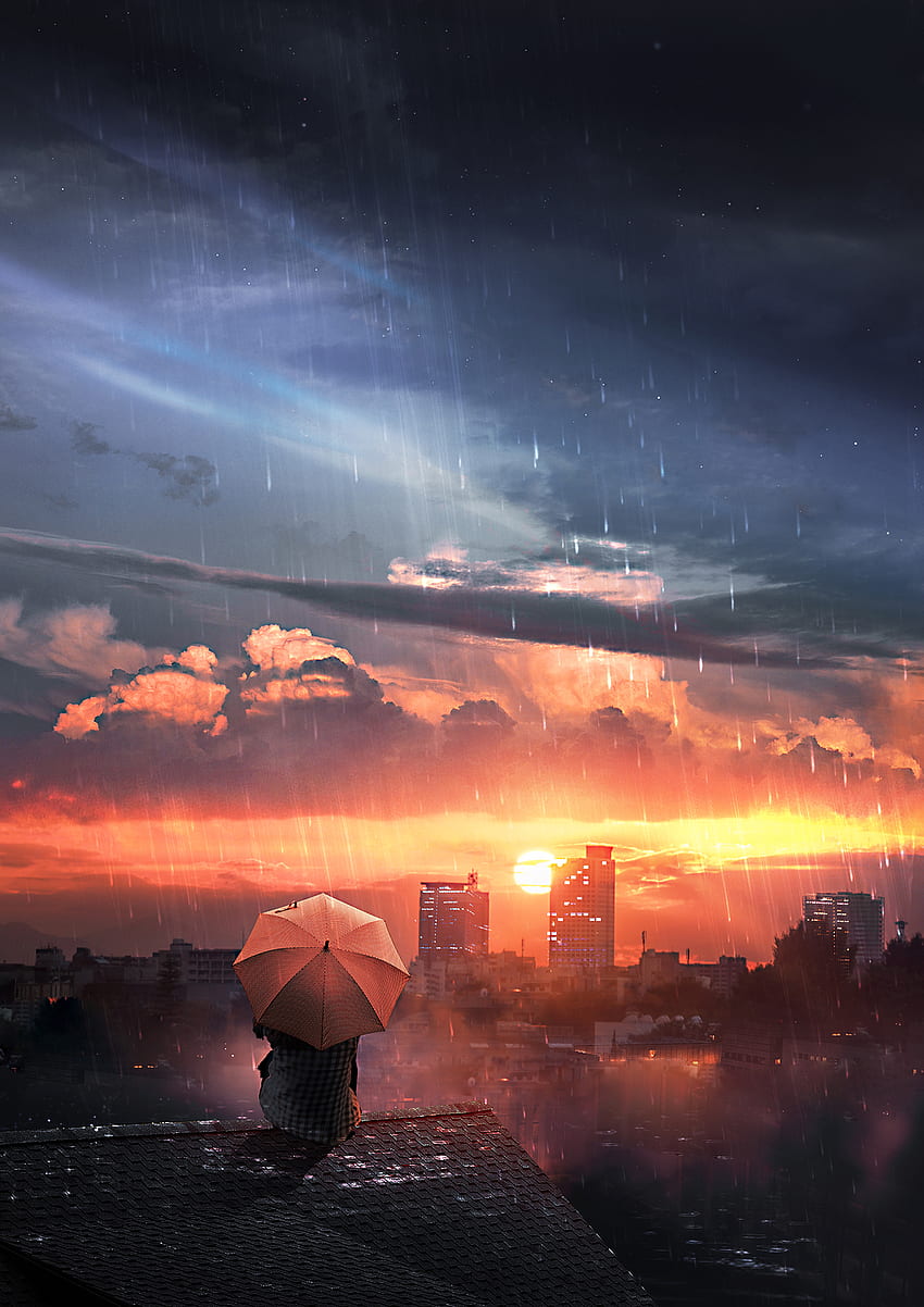 Sky, Art, Rain, Night, Seclusion, Privacy, Loneliness, Roof, Umbrella HD phone wallpaper