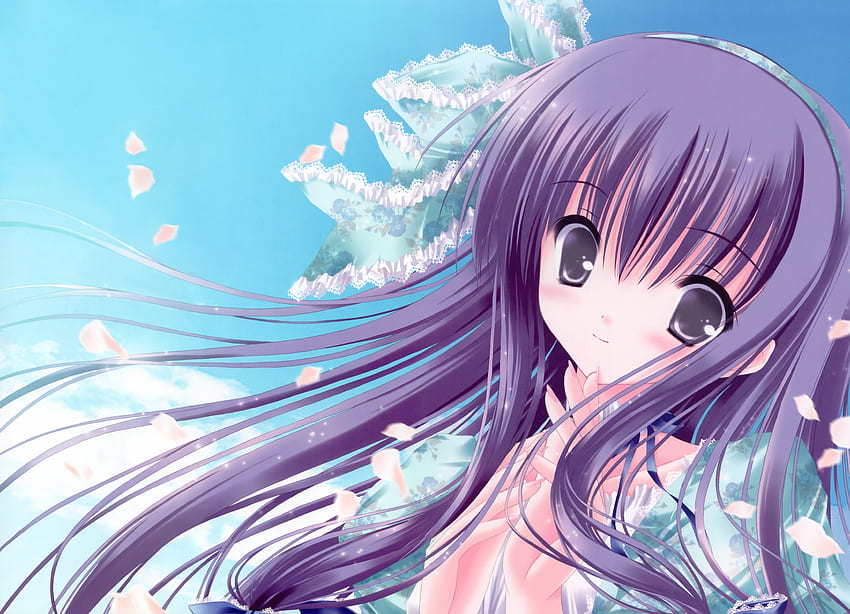 Kawaii, headband, ribbon, cute, girl, long hair, anime, petals, clouds, sky, bow HD wallpaper