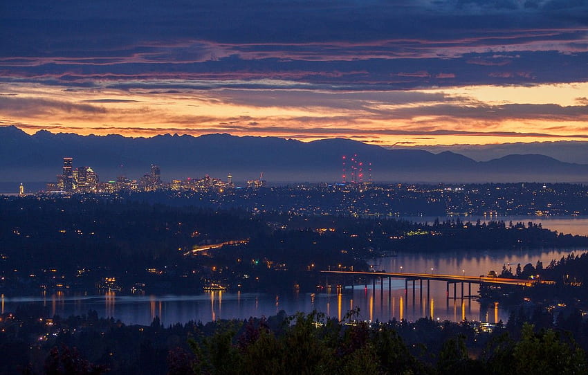 der Himmel, die Wolken, die Bäume, die Landschaft, der Sonnenuntergang, die Berge, die Stadt, die Lichter, der Fluss, das Zuhause, der Abend, das Panorama, Seattle, USA, Seattle für , Abschnitt город HD-Hintergrundbild