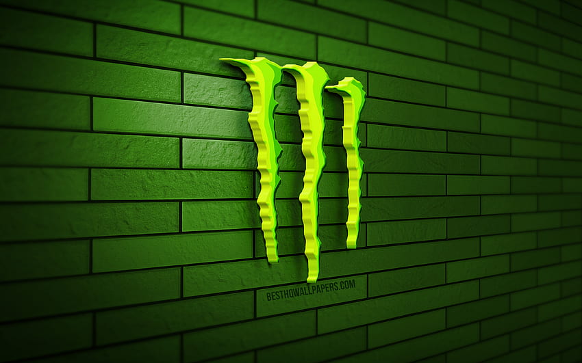 Monster Energy 3D logo, , green brickwall, creative, brands, Monster Energy logo, 3D art, Monster Energy HD wallpaper
