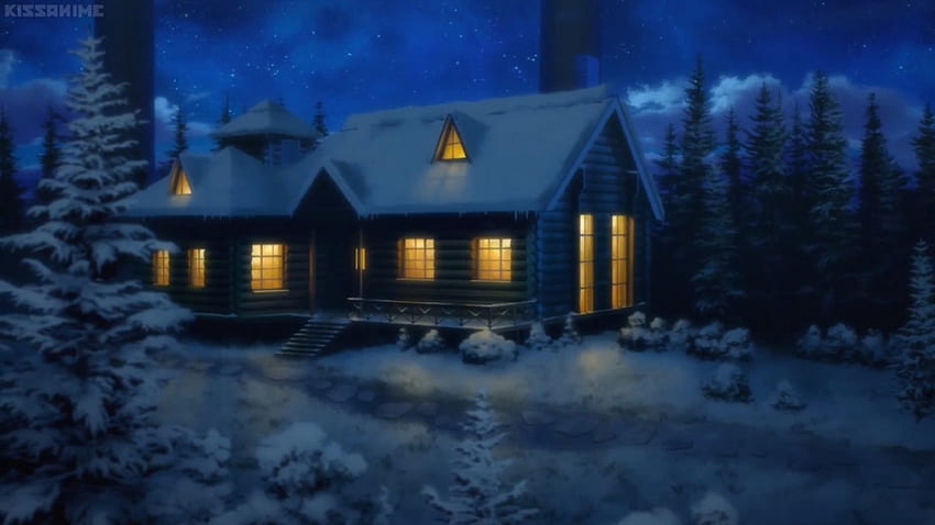 SAO: Forest House, zima, noc, piękno, ładne, sword art online, sceneria, śnieg, sceniczny, słodki, scena, dom, piękny, sao, anime, ładne, lekkie, budynek, piękny, las, wioska, dom Tapeta HD