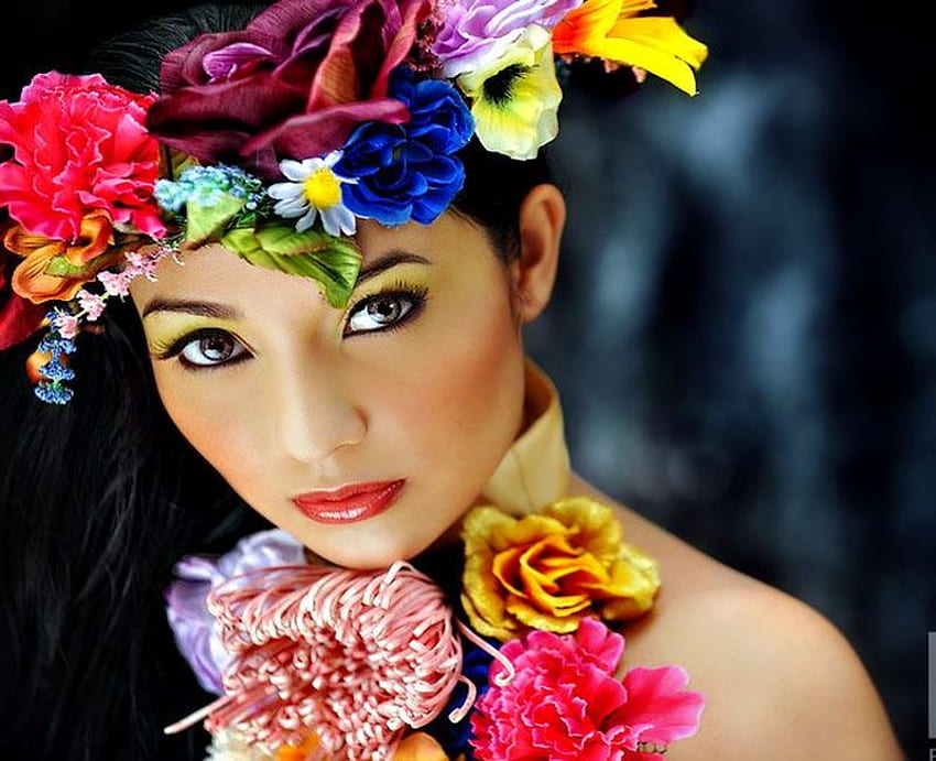 BEAUTIFUL WOMAN, colorful, model, pretty, face, flowers, hat, woman HD wallpaper