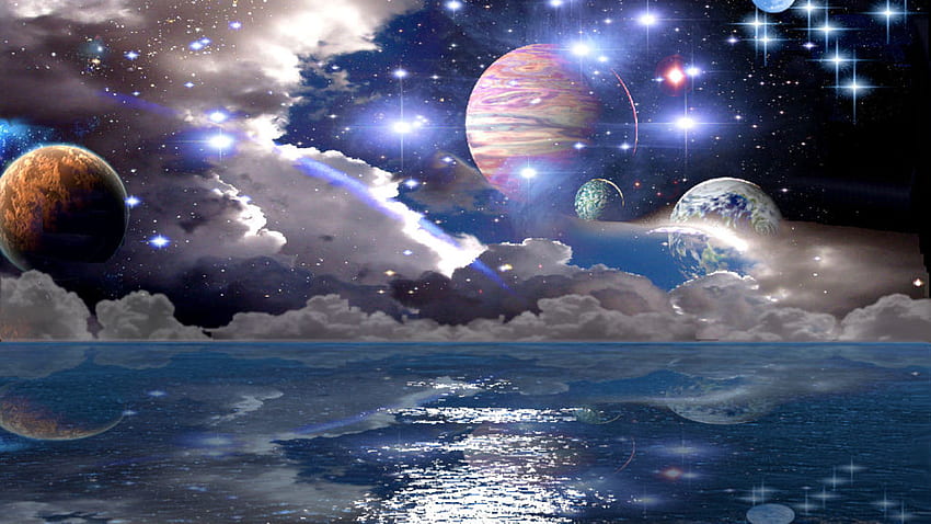 Star Burst, planets, seas, fantasy, space, night time HD wallpaper