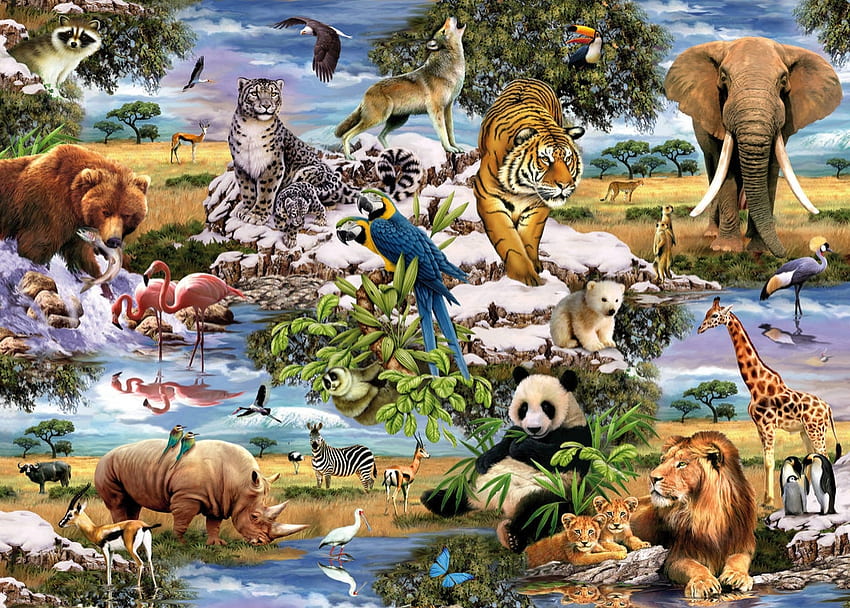 Animals, art, tiger, panda, animal, painting, lion HD wallpaper