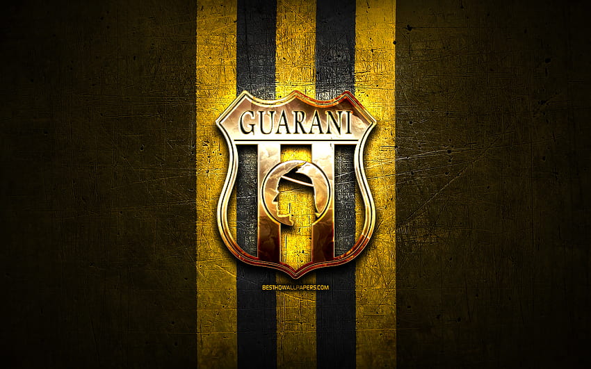 Guarani FC, logo doré, Primera Division paraguayenne, fond métallique jaune, football, club de football vénézuélien, logo du Club Guarani, football, Primera Division vénézuélienne, Club Guarani Fond d'écran HD