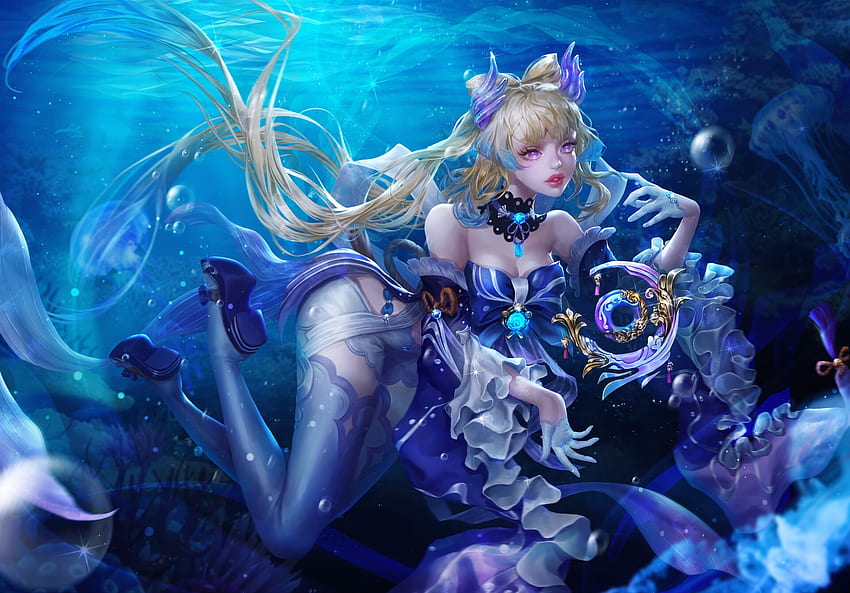Kokomi, blue, girl, water, rena illusion, fantasy HD wallpaper