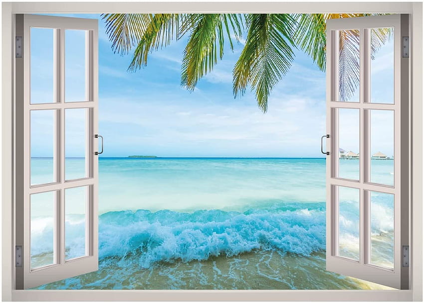 Tropis Karibia Pemandangan Pantai Jendela 3D Stiker Dinding Seni Dapat Dilepas Lukisan Dinding Stiker Vinil Dekorasi Rumah Gunung Barat W133 (KECIL (24''W x 17''H)): Rumah & Dapur, Laut Karibia Wallpaper HD