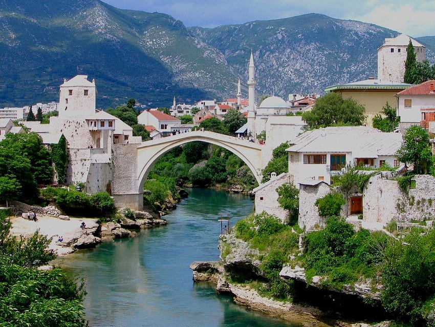 Köprü-Evler., köprü, Mostar-Bosna-Hercegowina, evler HD duvar kağıdı