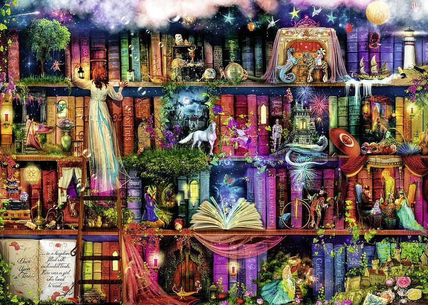 Фантастичен рафт за книги, фея, Ейми Стюарт, рафтове, фантазия, текстура, luminos, рафт за книги HD тапет