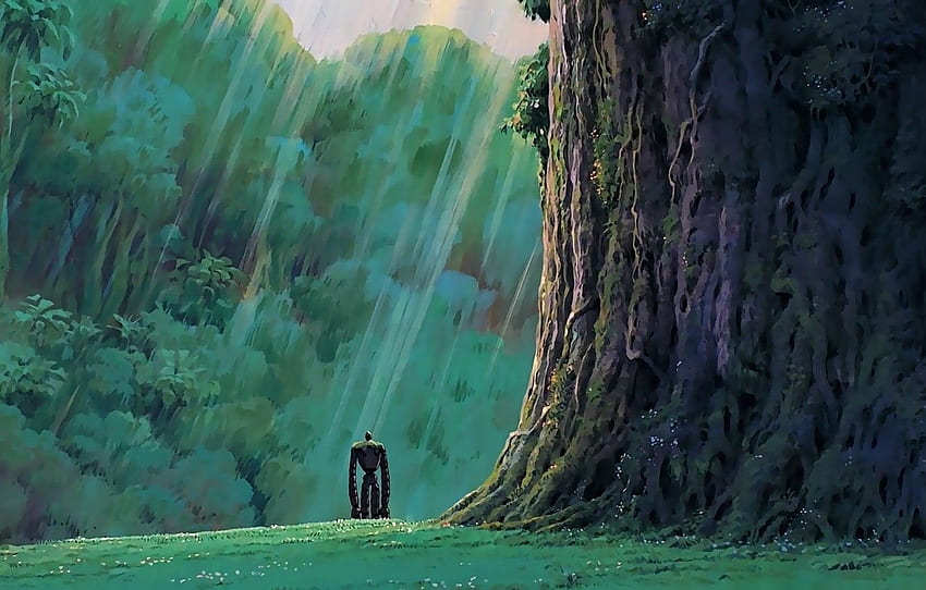 green, grass, robot, trees, anime, rocks, mood, loneliness, Movies Studio Ghibli HD wallpaper