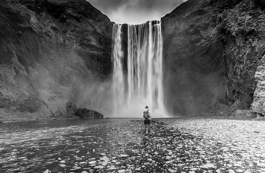 alone in nature, black and white, iceland, mood, nature, nature graphy, skogafoss, waterfall HD wallpaper