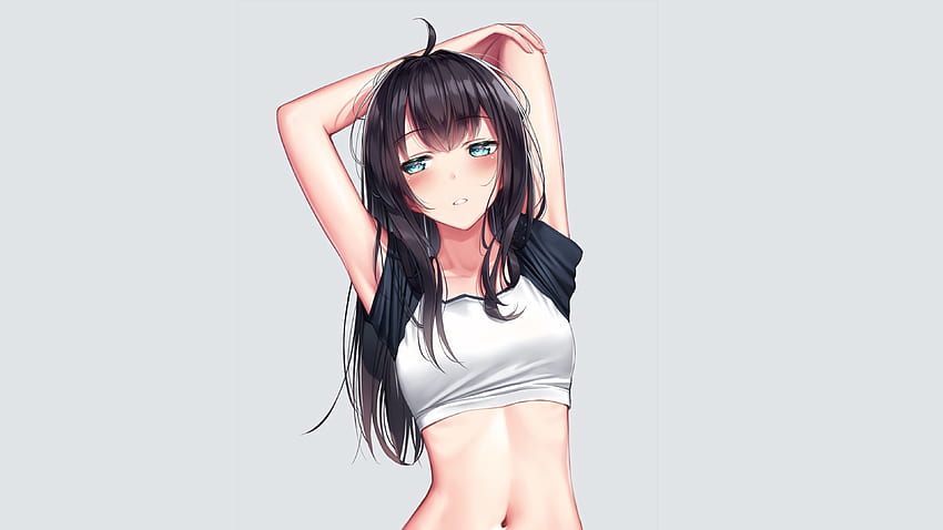Arms up, cute, anime girl, green eyes HD wallpaper