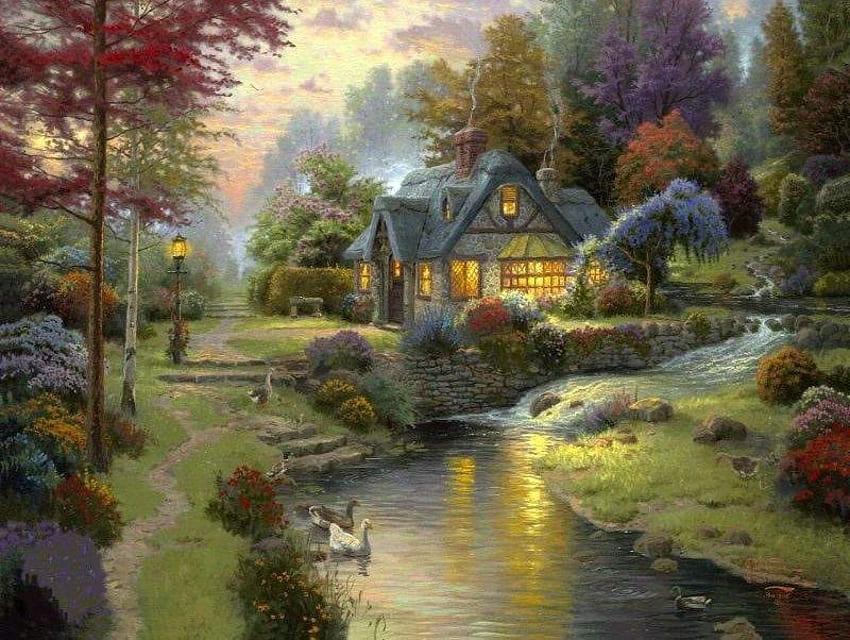 Nice Little Cottage, ağaçlar, yazlık, ördek, dere HD duvar kağıdı