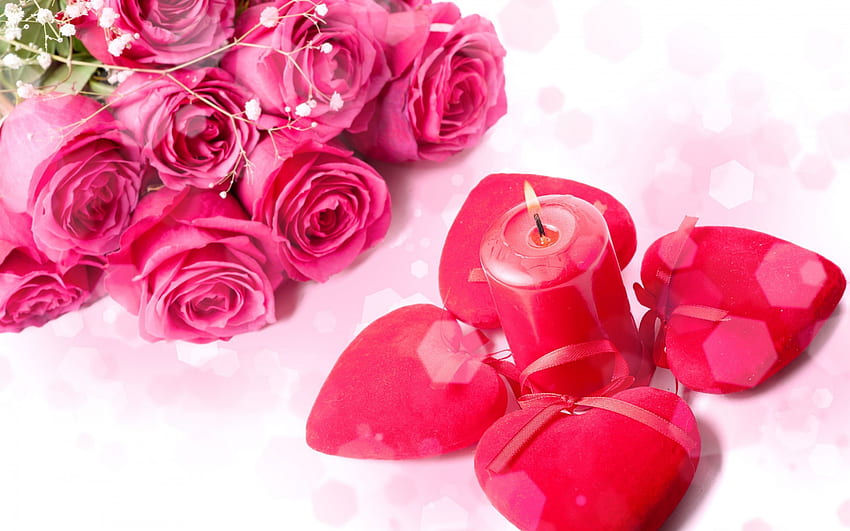 With Love, rose, roses, candle, pink roses, hearts, valentines day HD wallpaper