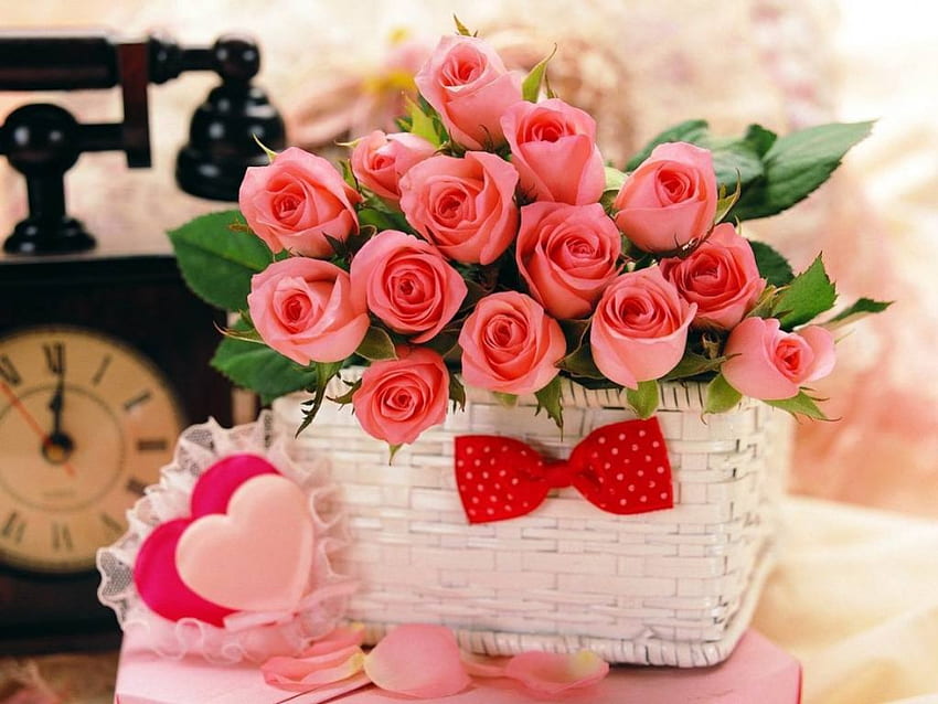 Rose Basket, white cane basket, pink roses, heart pillows, bow, phone HD wallpaper