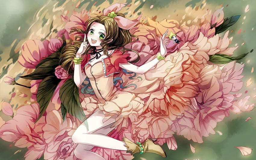 Aerith Gainsborough, sublime, final fantasy, floral, long hair, dress, beauty, nice, flower, game, angelic, happy, female, blossom, aerith, sweet, smiling, smile, gorgeous, girl, beautiful, anime girl, elegant, anime, video game, pretty, rpg, brown hair, gown, lovely HD wallpaper