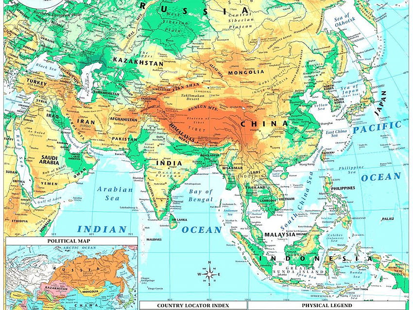 아시아 지도 지리. 주요 관광지 지도, 아시아 대륙 HD 월페이퍼