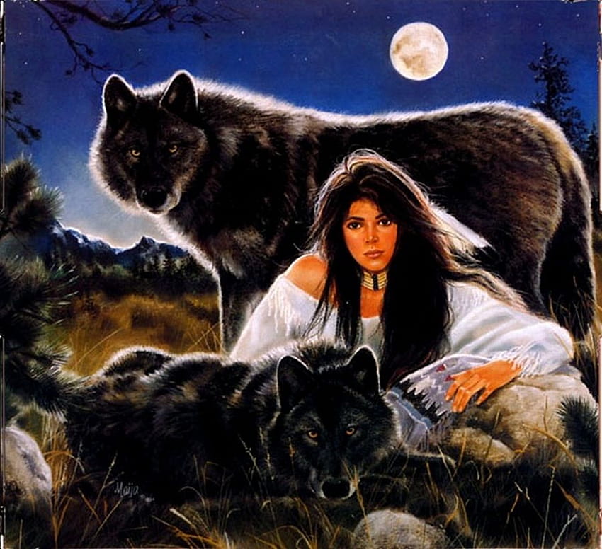Loups noirs, natif, maija, loups, peinture, fantaisie, jolie Fond d'écran HD