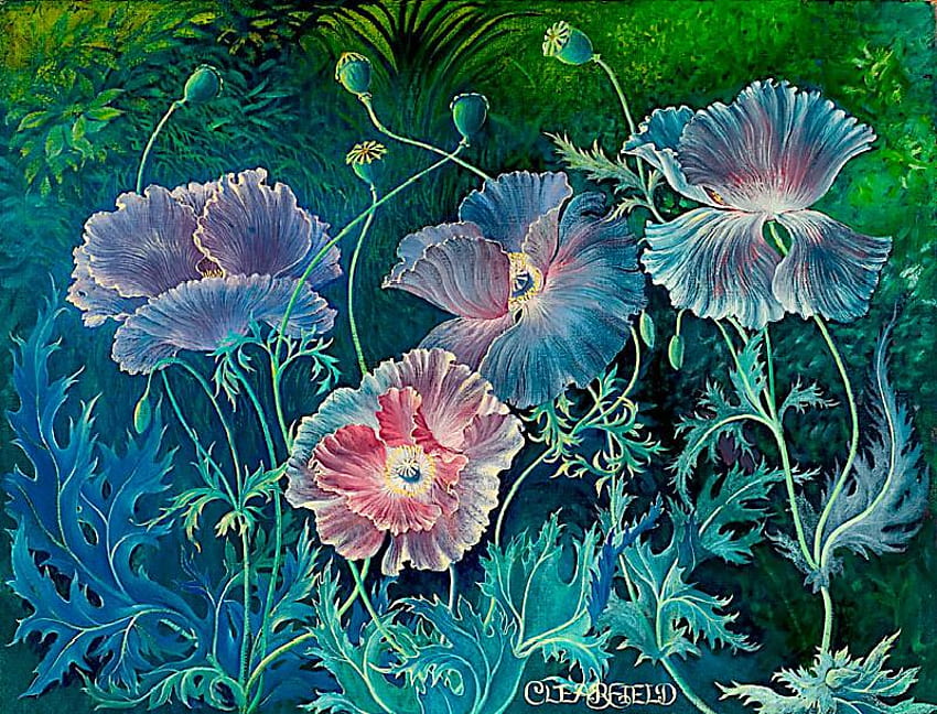 Inner Light of Poppies, blue, poppies, pink, painting, green, highlights, flowers HD wallpaper