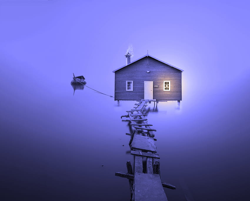 See, Haus, Boot, kaputte Vögel, violett, nebliger Tag, minimal HD-Hintergrundbild