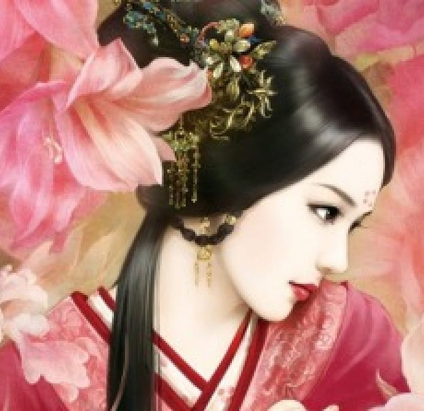 Chinese Girl, art, chinese, flowers, paintings, beauty HD wallpaper