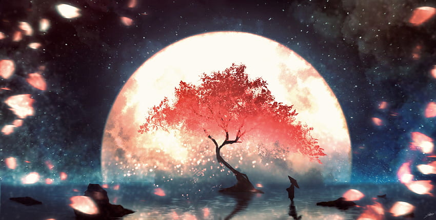 Pohon merah, cahaya bulan, fantasi Wallpaper HD