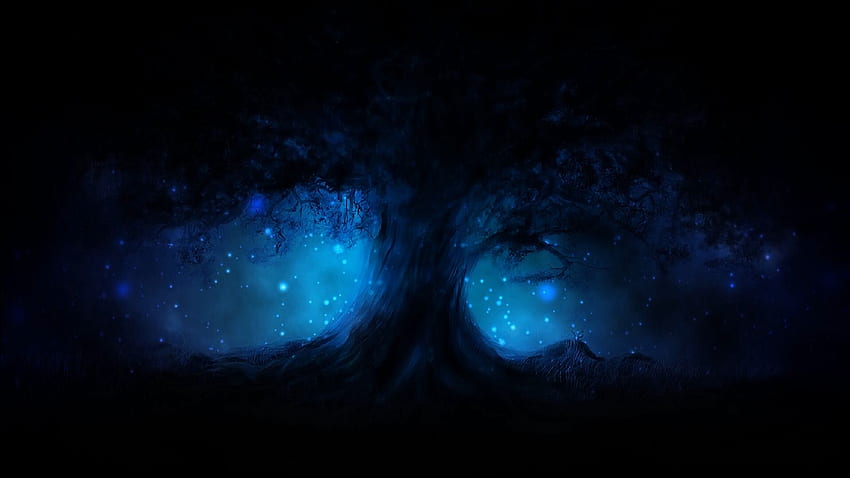 Blue tree. Black background , Black , Black, Dark Blue Trees HD wallpaper