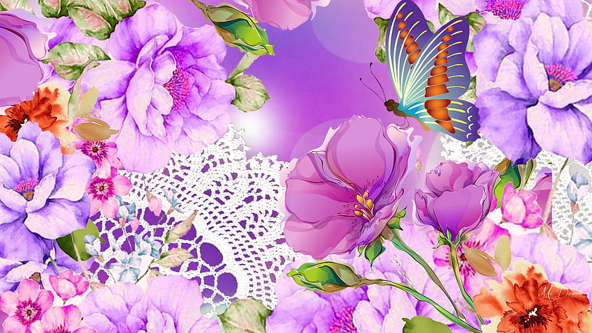 Abundance of Summer, purple, poppies, summer, peonies, doily, flowers, lace, spring, pink HD wallpaper