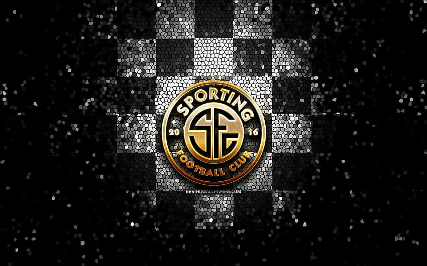 Sporting San Jose FC, logo gemerlap, Liga FPD, latar belakang kotak-kotak hitam putih, sepak bola, klub sepak bola Kosta Rika, logo Sporting San Jose, seni mosaik, sepak bola, Sporting San Jose Wallpaper HD