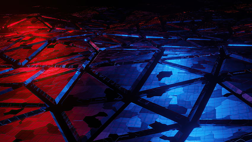 Червено-сини триъгълници, начупена повърхност, абстрактно HD тапет