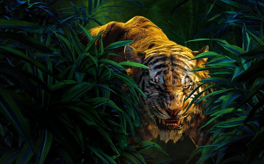 ジャングル・ブック (2016)、動物、ジャングル・ブック、虎、ポスター、ディズニー、草、オレンジ、ファンタジー、緑、映画、シア・カーン 高画質の壁紙