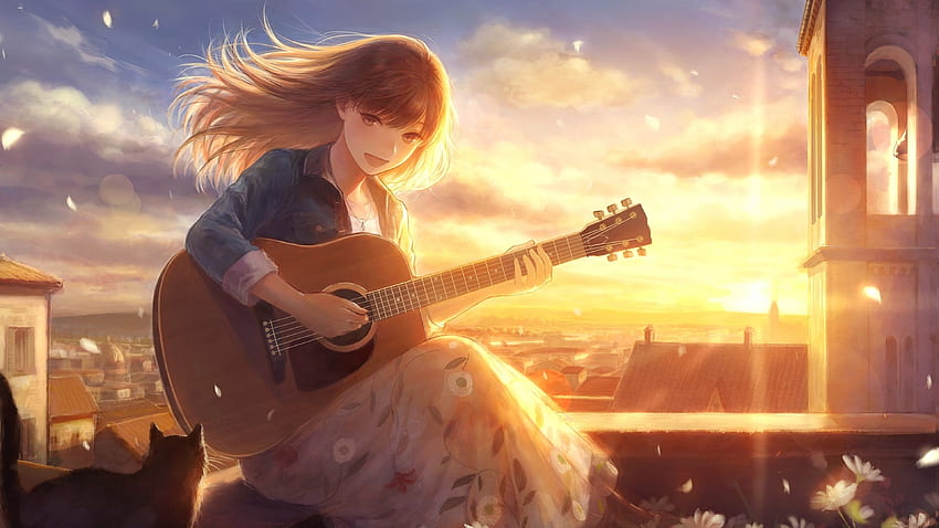 Dziewczyna z anime, śpiew, światło słoneczne, gitara, instrument, kwiaty, wiatr, płatki, kot, sceniczny dla U TV, śpiewająca dziewczyna Tapeta HD