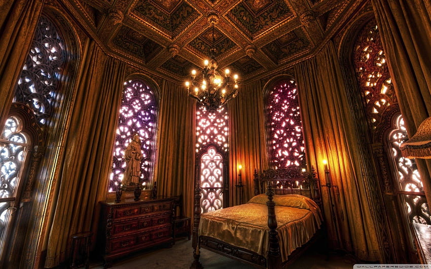 Hearst Castle Schlafzimmer, Gothic, Schlafzimmer, Hearst Castle, schön, dunkel HD-Hintergrundbild