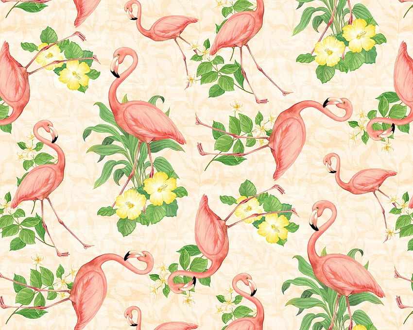 Texture, flamingo, bird, pasare, paper, summer, pink, flower, green, yellow, pattern HD wallpaper