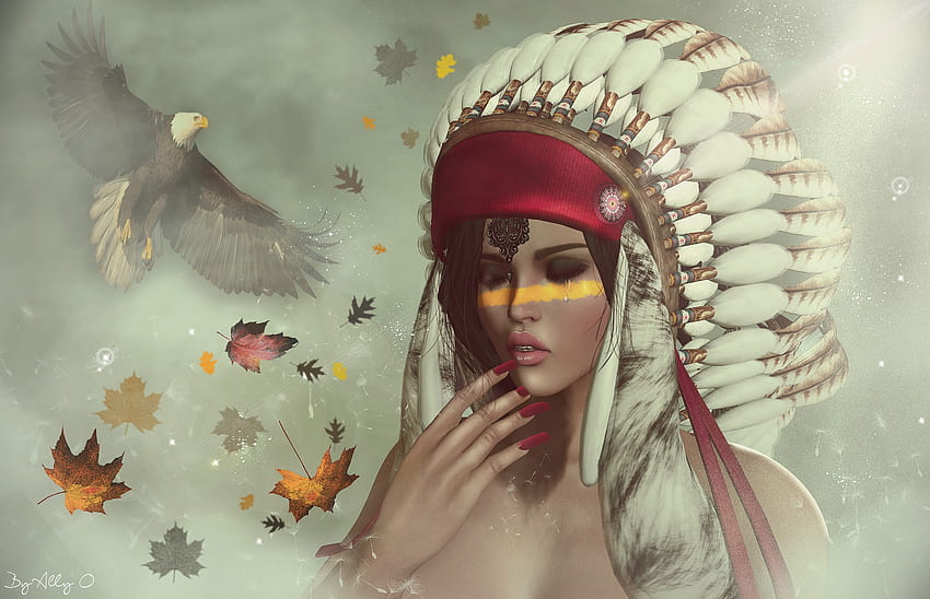 Wild, white, rendering, bird, eagle, pasare, girl, indian, native, mist, feather, fantasy, red, luminos HD wallpaper