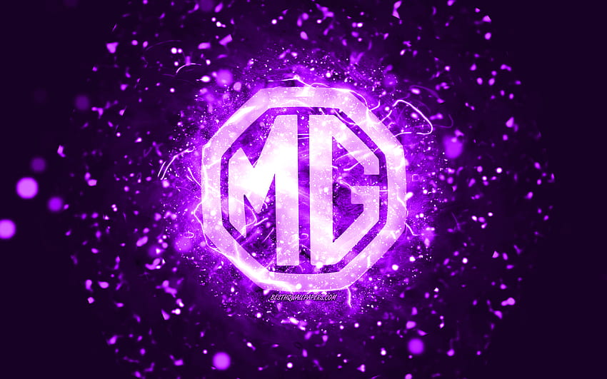 Logotipo violeta MG, luzes de néon violeta, criativo, fundo abstrato violeta, logotipo MG, marcas de carros, MG papel de parede HD