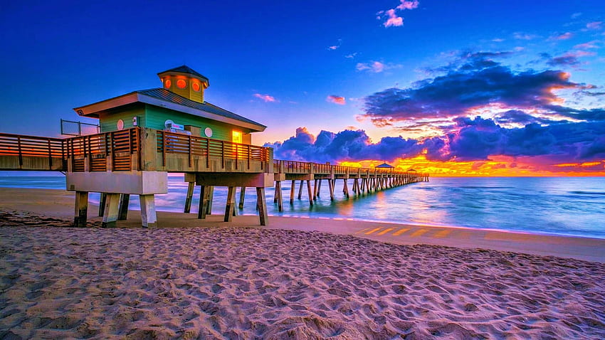 Juno Beach Pier, Florida, sea, fishing, clouds, sky, sunset, usa HD wallpaper