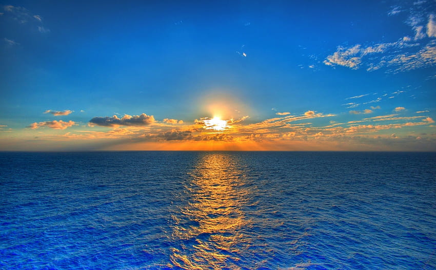 Sonne, Meer, Natur, Himmel, Wolken, Horizont, Reflexion, Wellen, Wellen, Linie, Spur HD-Hintergrundbild