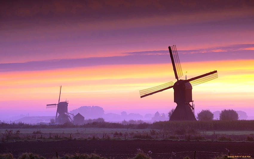 Windmills, landscape, twilight, sky HD wallpaper